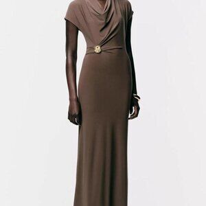 Zara Chocolate Brown Draped Maxi Dress in XL